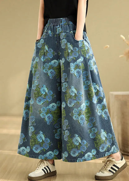 Blue Print Pockets Denim Drop Wide Leg Pants