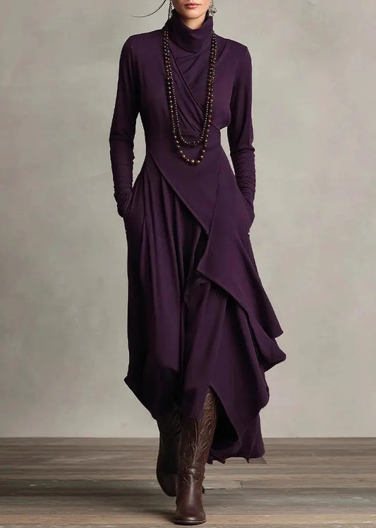 Original Design Purple Turtleneck Pockets Cotton Maxi Dress Spring