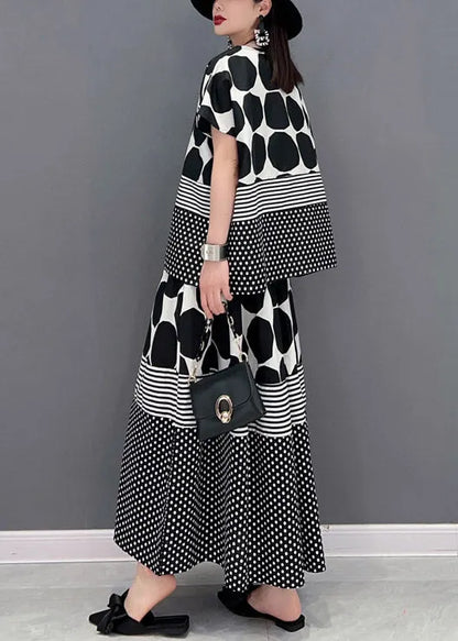 Loose Grey O-neck Dot Print Chiffon Tops and Skirts Two Pieces Set Short Sleeve
