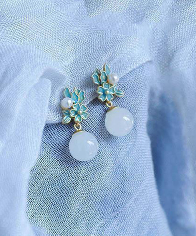 Chinese Style Blue Ancient Gold Jade Pearl Drop Earrings