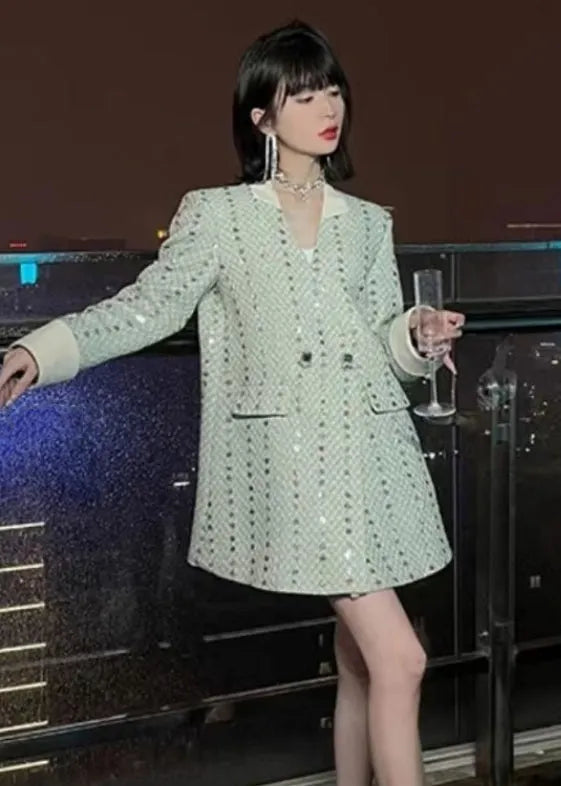Light Green V Neck Button Cotton Coat Long Sleeve