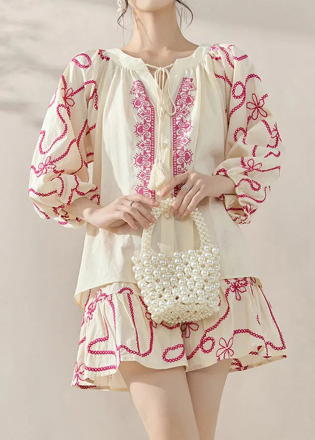 Natural Apricot O-neck Embroidered Top and Skirts Two-piece Set Fall