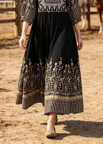 Black O Neck Print Cotton Long Dresses Summer