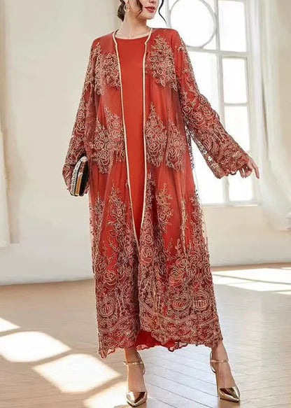 French Orange Embroidered Tulle Two Piece Suit Spring