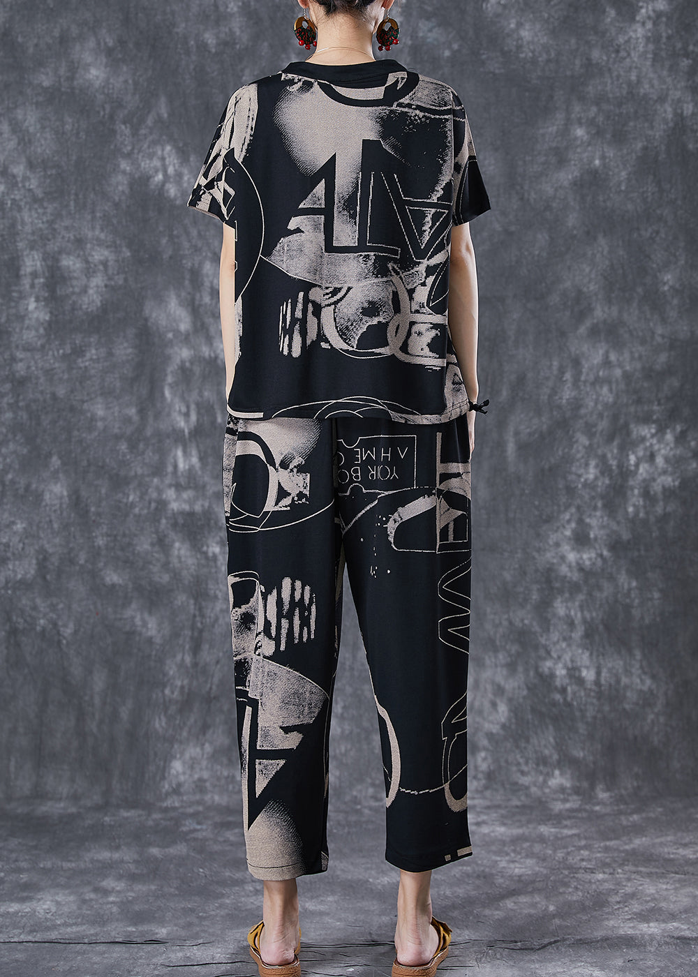 Black V Neck Print Cotton Two Piece Set Clothing Summer