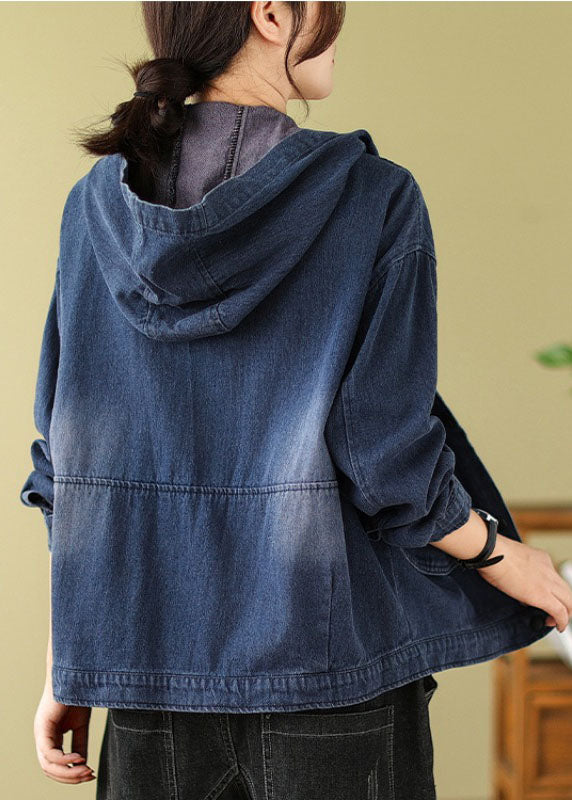Retro Denim Blue Pockets Print Hooded Coats Fall