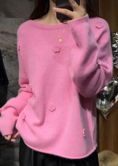 Pink Thick Cotton Knit Sweaters Long Sleeve Winter