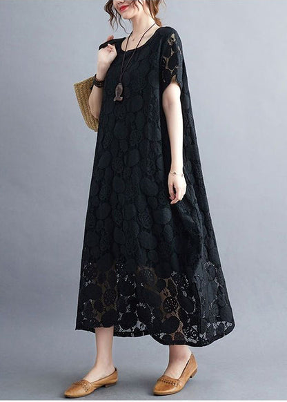 Black Lace a Line Dress O-neck Hollow Out Summer