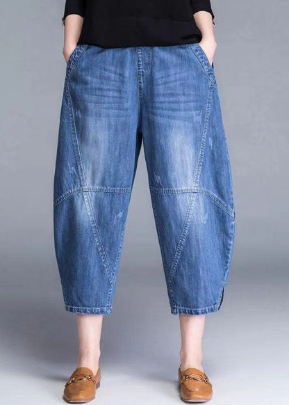 Blue Pockets Patchwork Lantern Fall Denim Pants