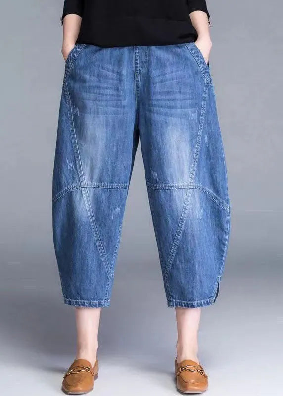 Blue Pockets Patchwork Lantern Fall Denim Pants