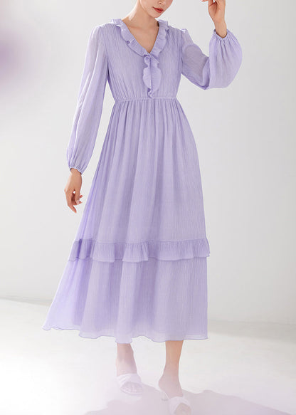 Italian Purple Ruffled Elastic Waist Silk Long Dresses Fall