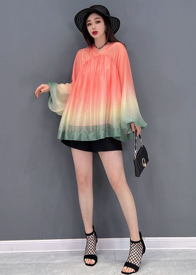 Unique Red Gradient Color V Neck Wrinkled Tulle Top Lantern Sleeve