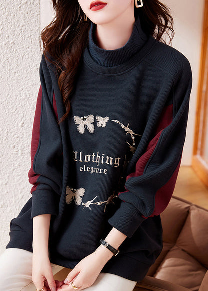 Navy Embroideried Patchwork Warm Fleece Sweatshirt Winter