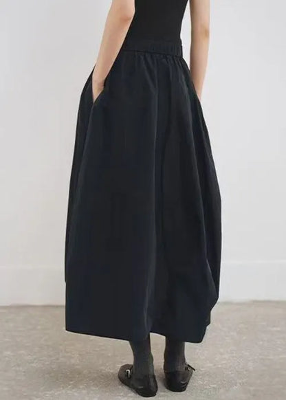 Simple Black Pockets Elastic Waist Cotton a Line Skirts Fall