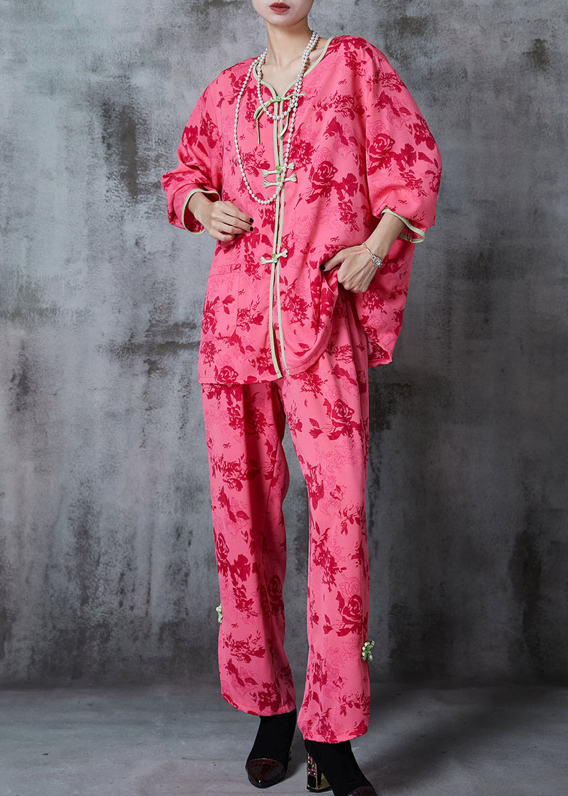 Red Print Chinese Button Cotton Two Pieces Set Summer