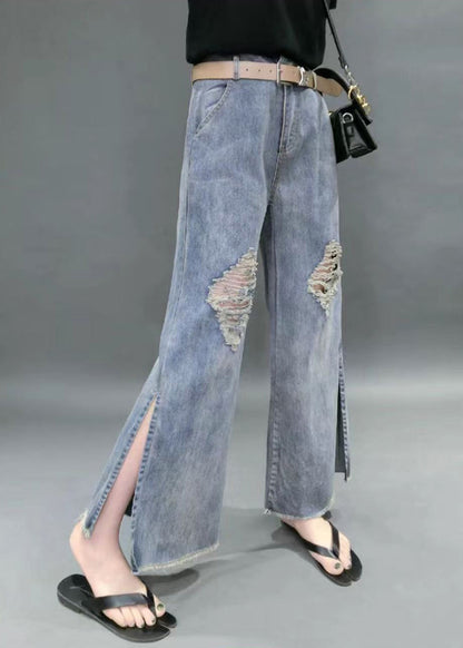 Denim Blue High Waist Hole Pockets Side Open Cotton Straight Pants Summer