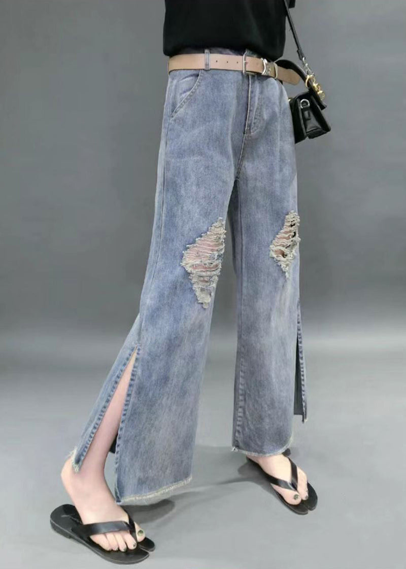 Denim Blue High Waist Hole Pockets Side Open Cotton Straight Pants Summer