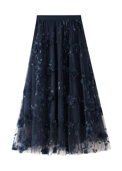 Black Embroideried Elastic Waist Tulle a Line Skirts Spring