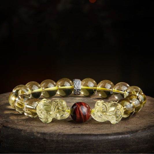 Buddha Stones Natural Citrine Double Pixiu Tiger Eye Prosperity Protection Bracelet