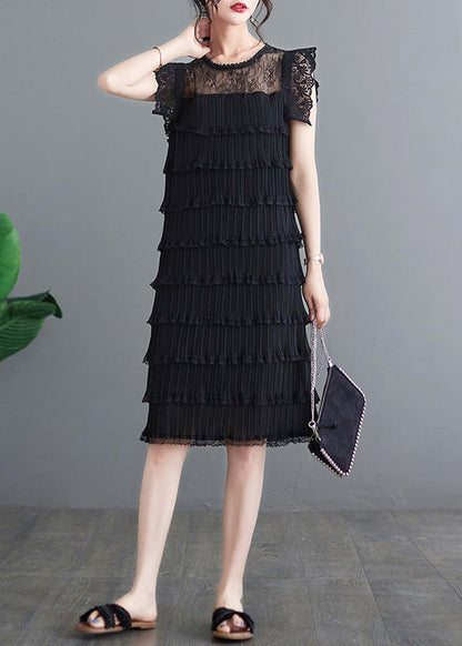 Black O-neck Tulle Patchwork Vacation Long Layered Dresses Summer