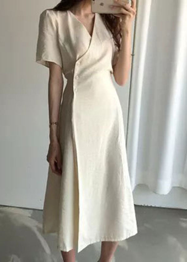 Boutique Beige V Neck Cotton Long Dresses Short Sleeve Summer