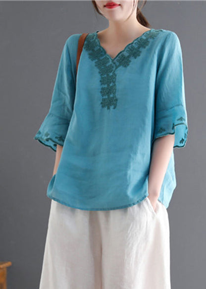 Lake Blue V Neck Embroideried Linen Tops Flare Sleeve