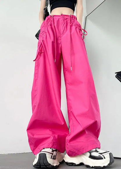American Style Rose Pockets Drawstring Cotton Pants Spring