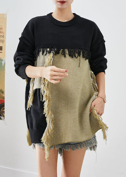 Black Asymmetrical Patchwork Tasseled Knitted Tops Winter