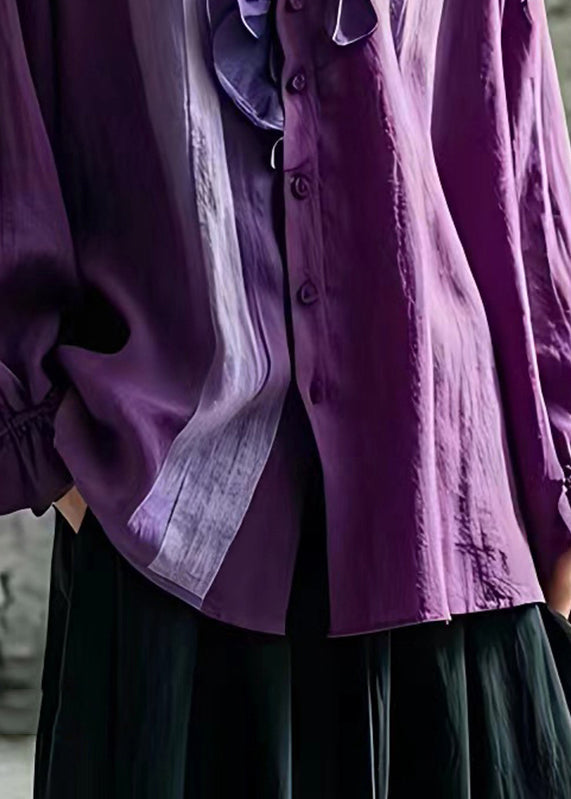 Purple V Neck Ruffled Patchwork Shirt Fall