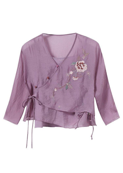 French Purple Tie Waist Embroideried Summer Top
