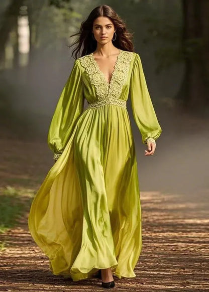 Green Wrinkled Chiffon Long Dresses V Neck Spring