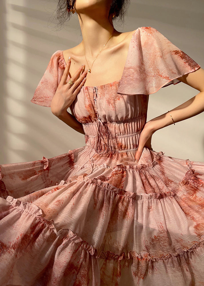 Square Collar Print Chiffon Mid Dresses Short Sleeve