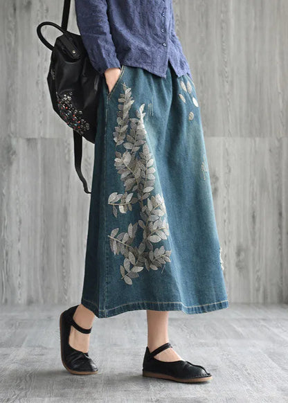 Natural Dark Blue Pockets Embroideried Cotton Denim Skirts Spring