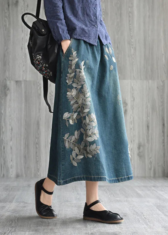 Natural Dark Blue Pockets Embroideried Cotton Denim Skirts Spring