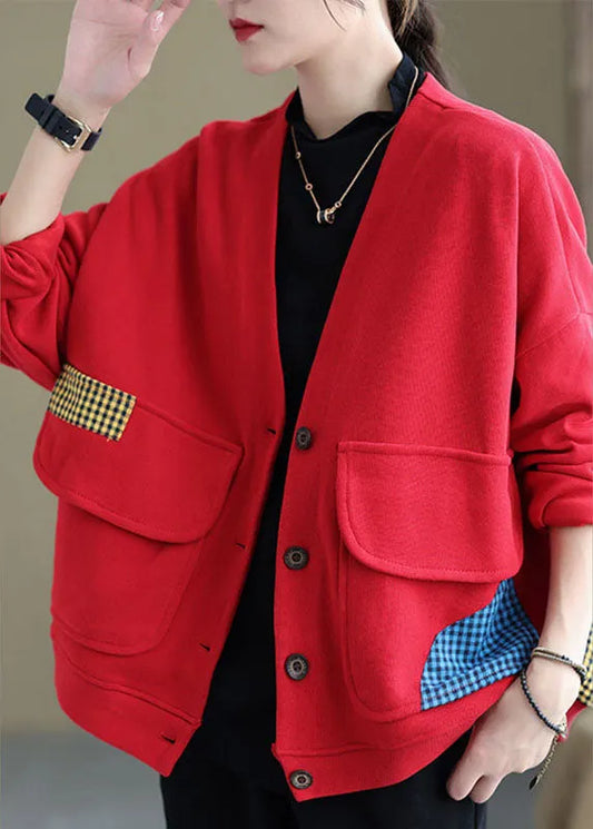 Red Loose Pockets Button Fall Long Sleeve Coat