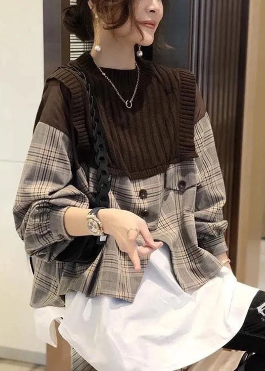 Black Knit Patchwork Plaid Fall Long Sleeve Shirt