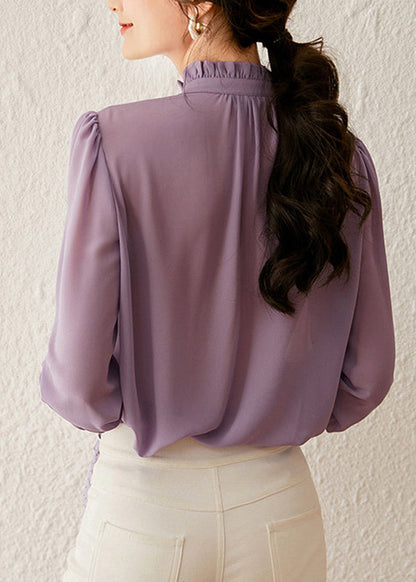 Purple Ruffled Patchwork Tie Lace Shirt Fall