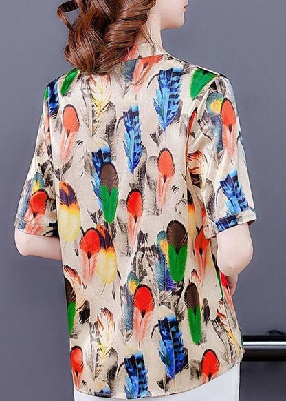Khaki V Neck Print Silk Shirt Tops Short Sleeve