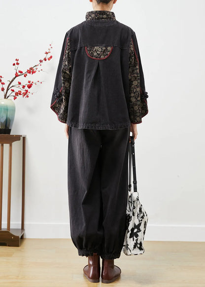Black Stand Collar Patchwork Print Denim 2 Piece Outfit Fall