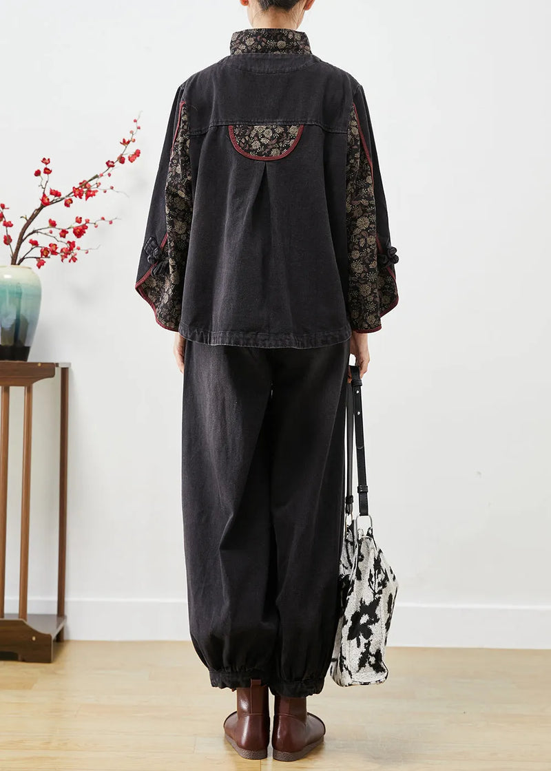Black Stand Collar Patchwork Print Denim 2 Piece Outfit Fall