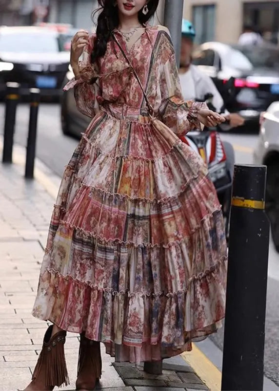 Red Ruffled Print Tunic Maxi Dresses Lantern Sleeve