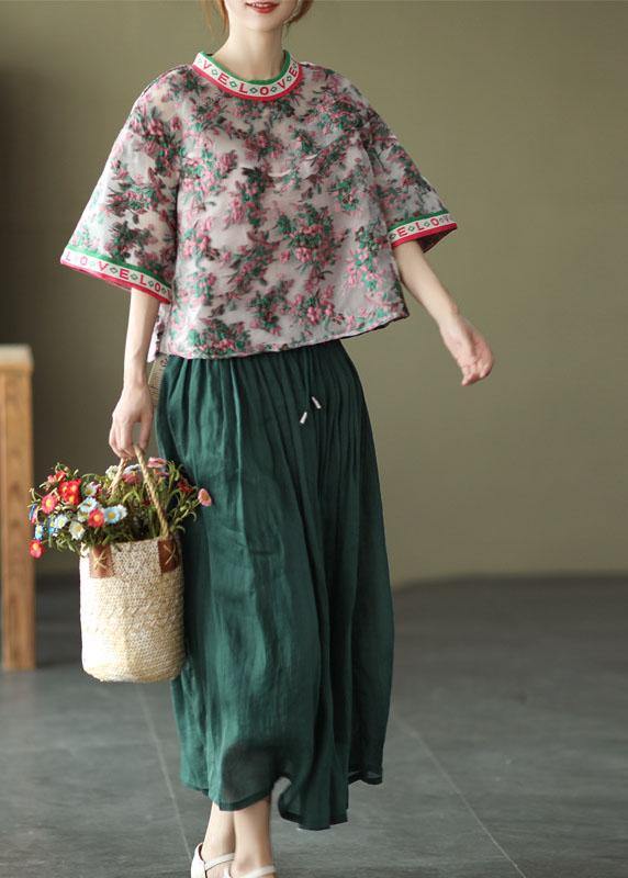 Embroideried Retro O-neck Summer Blouses Half Sleeve