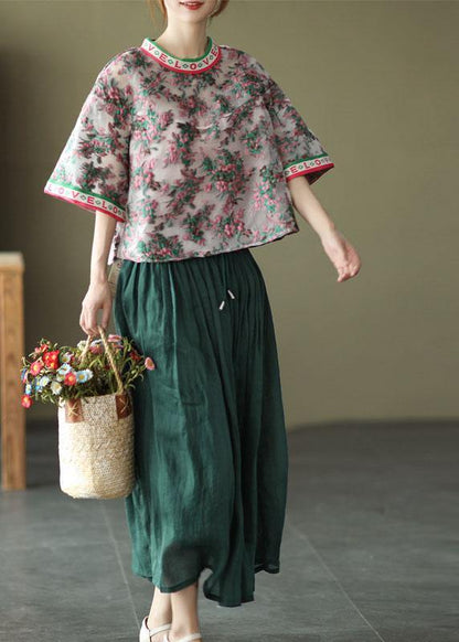 Embroideried Retro O-neck Summer Blouses Half Sleeve