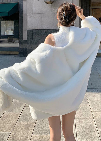 New White V Neck Fuzzy Fur Fluffy Coats Long Sleeve