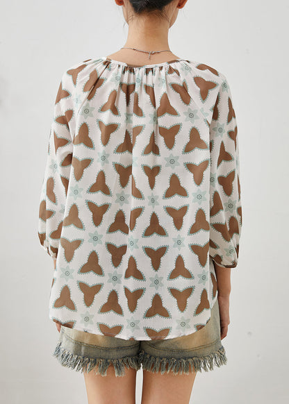 Oversized Print Lace Up Cotton Blouse Tops Summer
