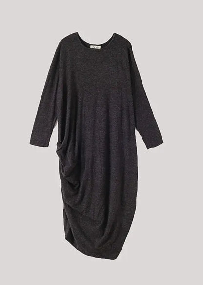 Black O-neck Low High Design Wool Knit Maxi Sweater Dress Fall