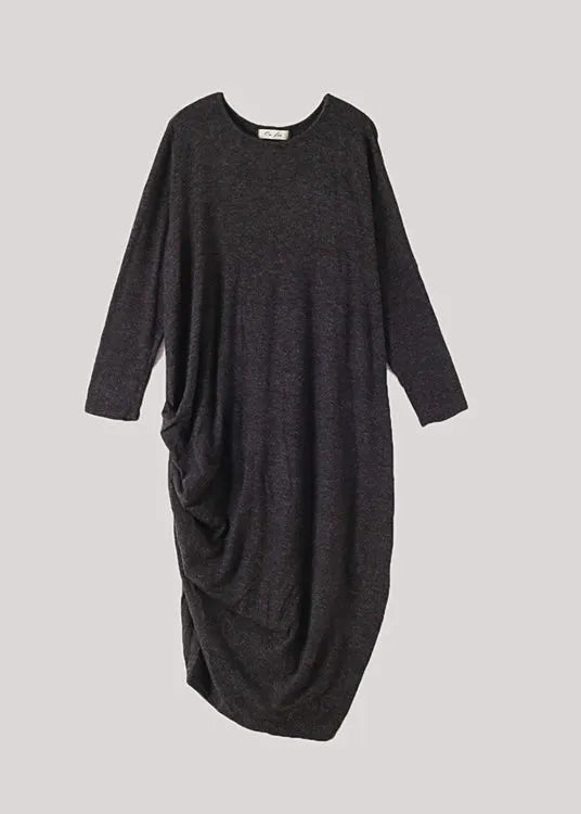 Black O-neck Low High Design Wool Knit Maxi Sweater Dress Fall