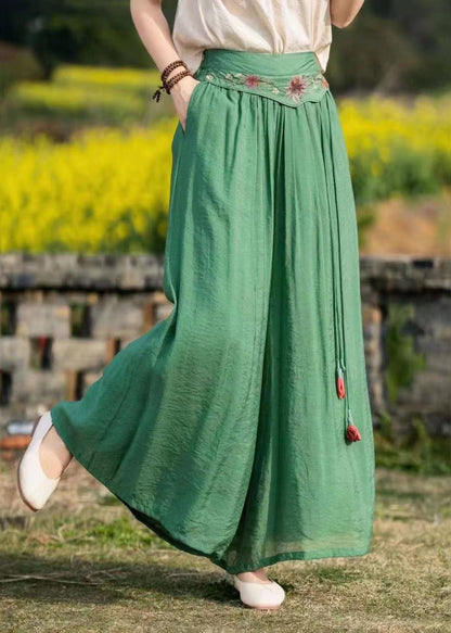 Green Embroideried Pockets Tasseled Patchwork Silk Wide Leg Pants Summer