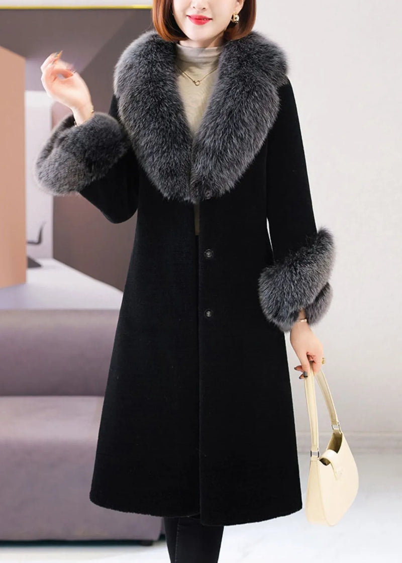 Black Fox Collar Tie Waist Woolen Long Coat Winter
