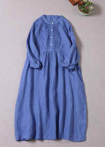 Blue Button Wrinkled Linen Dresses Long Sleeve
